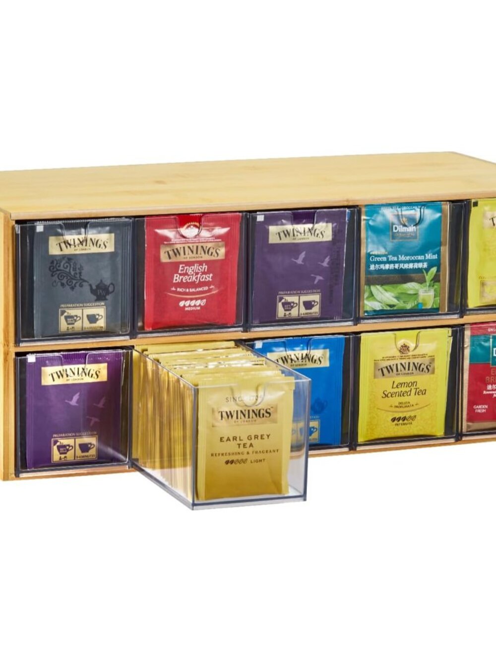Tea Bag Organizer - Bamboo Tea Storage Organizer With Drawer 2 Layer, Tea Organi